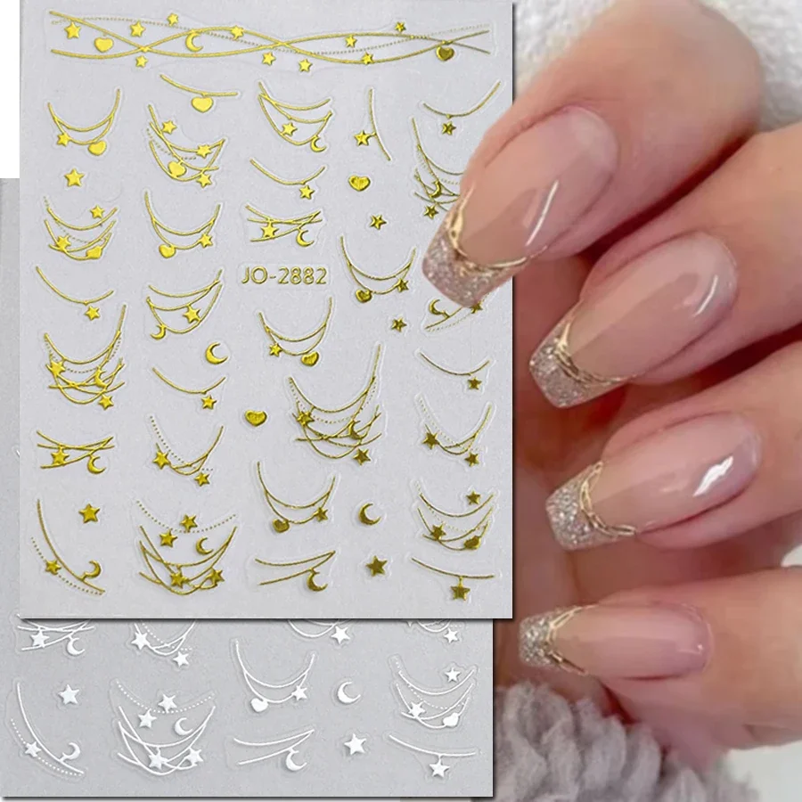 3d Nail Art Stickers Gold Metallic Silver French Lines Love Hearts Stars Moons Decals For Nails Decorations Manicures Beauty