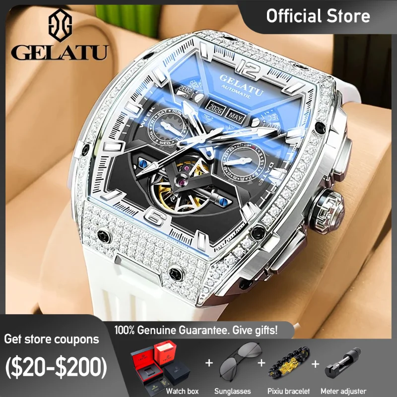 GELATU 6016 Top Brand Men's Watches Full Automatic Wristwatch for Man Hollow Mechanical Flywheel Date Week Waterproof Luminous