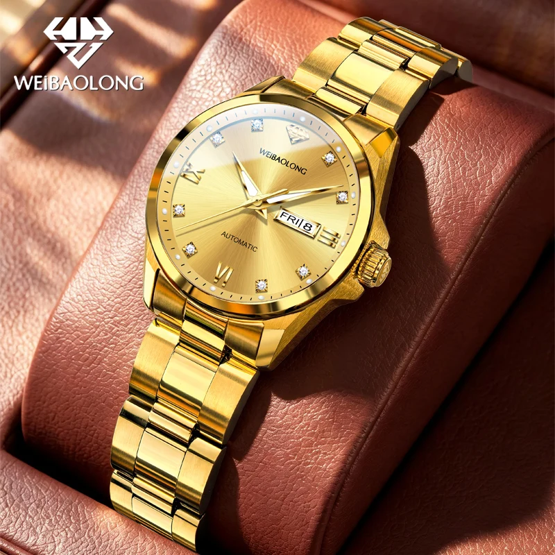 WEIBAOLONG Womens Watch Pure Gold Real Diamond Sapphire Mirror Automatic Mechanical Wristwatch 50M Waterproof Top Luxury Clock