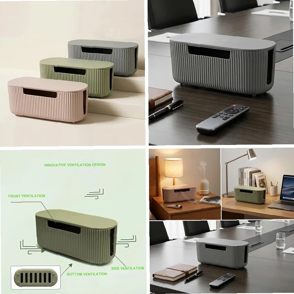 Cable Management Box Kit for Hiding Power Strip Wires, Safe ABS Material Cord Organizer with Clips & Sleeves for Home Office