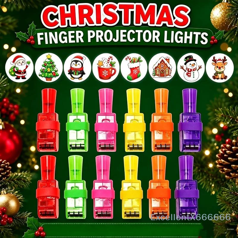 12Pcs Christmas LED Finger Projector Rings Kids Glowing Projection Finger Lights For Theme Party Favors Holiday Decor Supplies