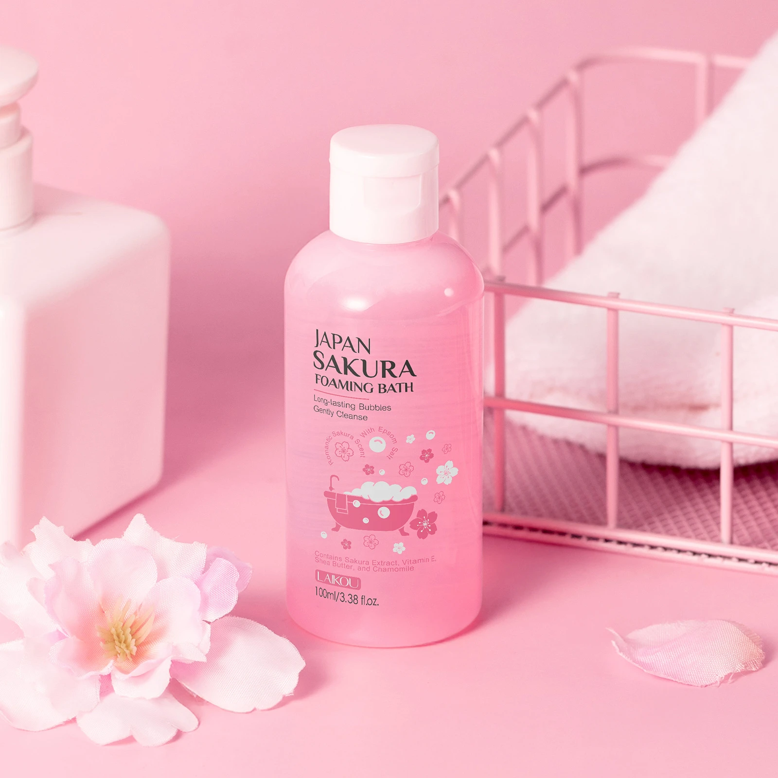 LAIKOU Sakura Bubble Bath, Moisturizing Hydrating Bath Foam for Dry Skin, Long Lasting Floral Scent Body Care 100ml