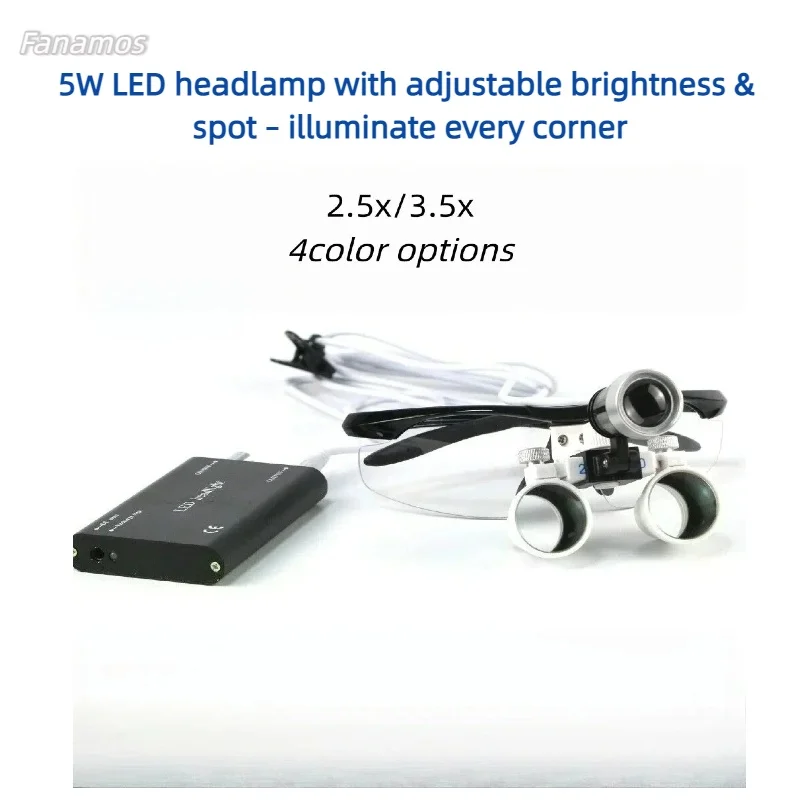 Professional 2.5X/3.5X Dental Loupes – LED Headlight with Spot Control, 5W Dual-Light, Adjustable Magnification