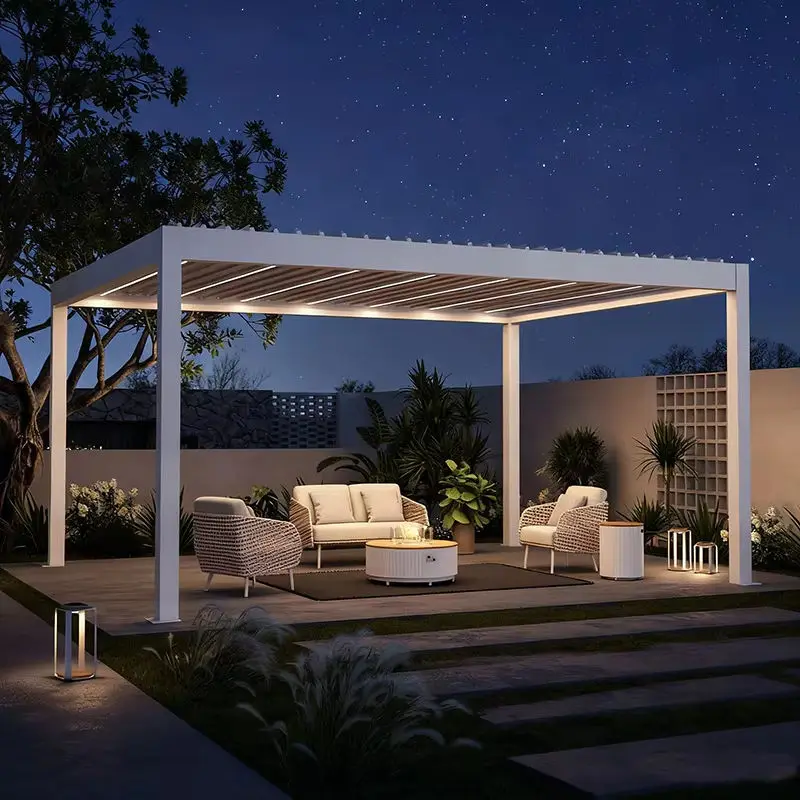 Outdoor Rust Proof Heavy Duty Pavilion with LED Lights and Adjustable Blinds Rainproof Pergola Rectangular Garden Gazebo