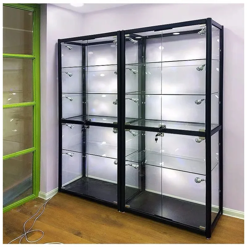 custom.Modern Glass Tall Display Cabinet - Adjustable Shelf Glass Display Unit with Tempered Glass & LED Lighting Home
