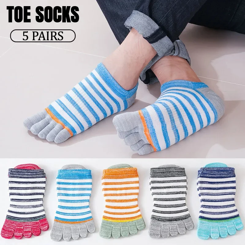 5 Pairs Summer Men Toe Ankle Socks Combed Cotton Striped Colorful Sweat-Absorbing No Show Invisible Five Finger Socks Student