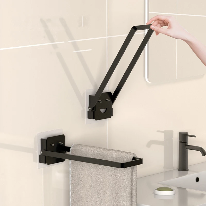 Foldable Towel Rail No Drill Wall Mounted 90° Rotatable Towel Rack Space-Saving Towel Holder Self-Adhesive Storage Organizer