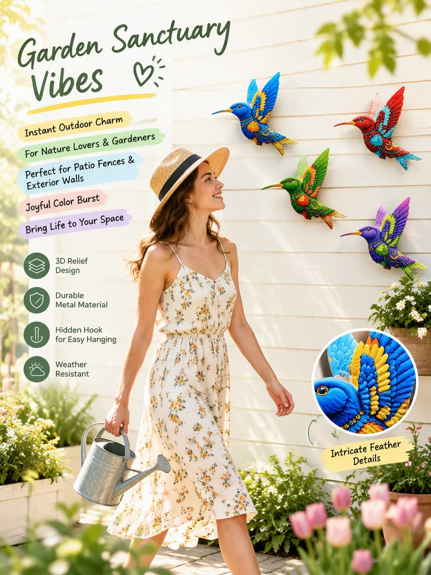 GEEYANG 4Pcs Metal Hummingbird Wall Hanging Decor with Hooks Colorful Pattern for Home Garden Decoration Gift