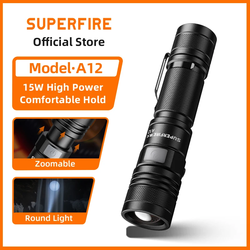 SUPERFIRE A12 Powerful LED Flashlight USB C Rechargeable Zoomable 18650 EDC Torch 5 Mode Emergency Light Camping Fishing Lantern