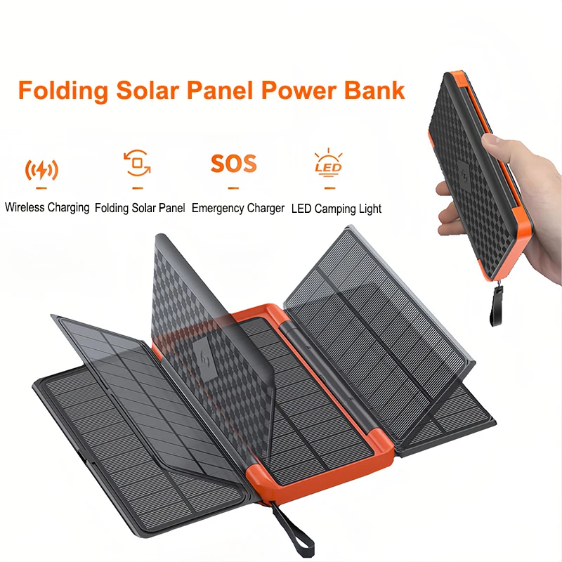 20000mAh Folding Solar Power Bank with 3 Solar Panel Outdoor Portable Qi Wireless Charger Powerbank for Phone Traveling Camping