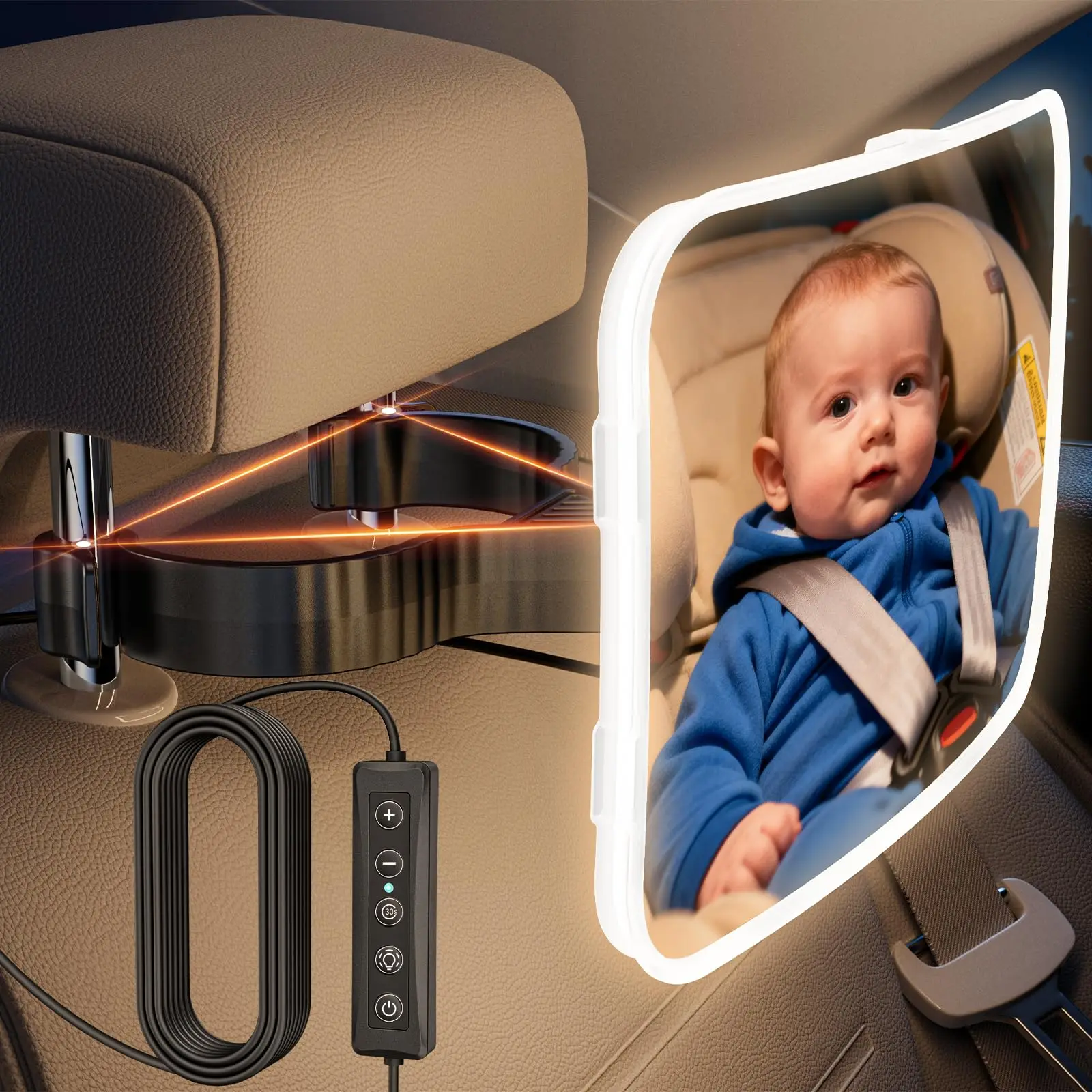 Baby Car Mirror with Light USB-Power Car Seat Mirror for Baby Rear Facing Stable Hook Clip 86 Warm LEDs  Clear for Night Travel