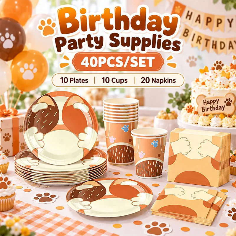 The Blue Dog Theme Cute Paper Plate Cups Napkins Cartoon Disposable Happy Birthday Party Festival Supply Decoration Packing Set