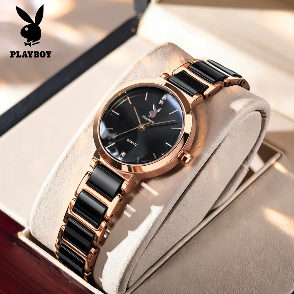 PLAYBOY 3128 Elegance Quartz Movement Watch For Women Minimalist Dial Steel Ceramic Bracelet 30m Waterproof Stylish Watch