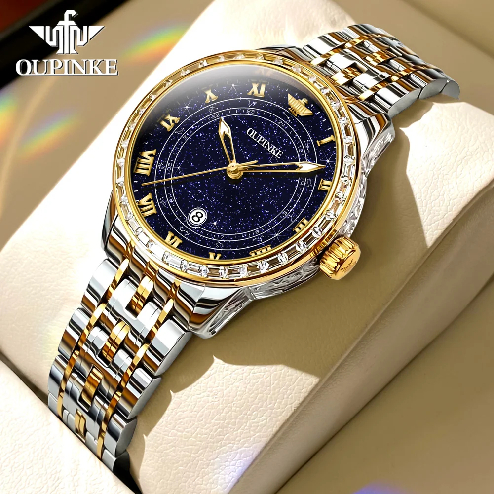 OUPINKE 3203 Elegant Women's Watch Starry Luminous Dial Automatic Mechanical Watch Women's Set Gift Box