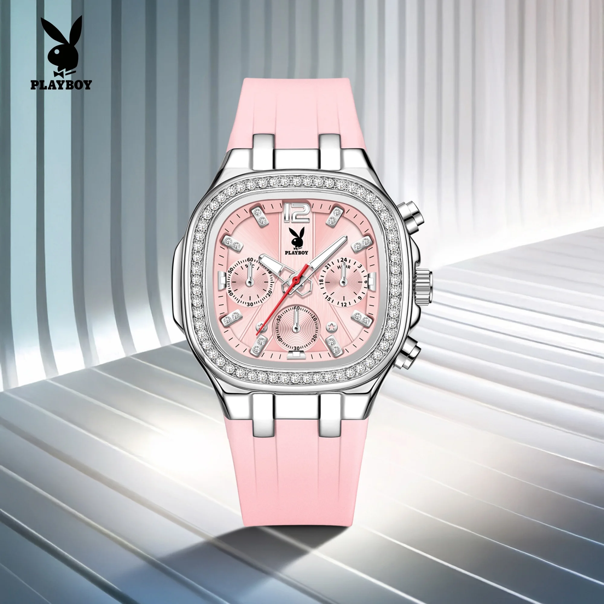 PLAYBOY 3076 Quartz Watch Women Chronograph 24-hour Display Round Dial Silicone Strap HD Luminous Function 30m Waterproof Watch