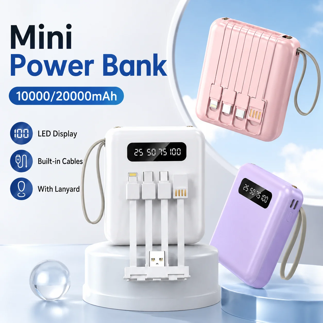 Mini Portable 20000mAh Powerbank LED Digital Display With Charging Cable Universal External Phone Battery For All Smartphones