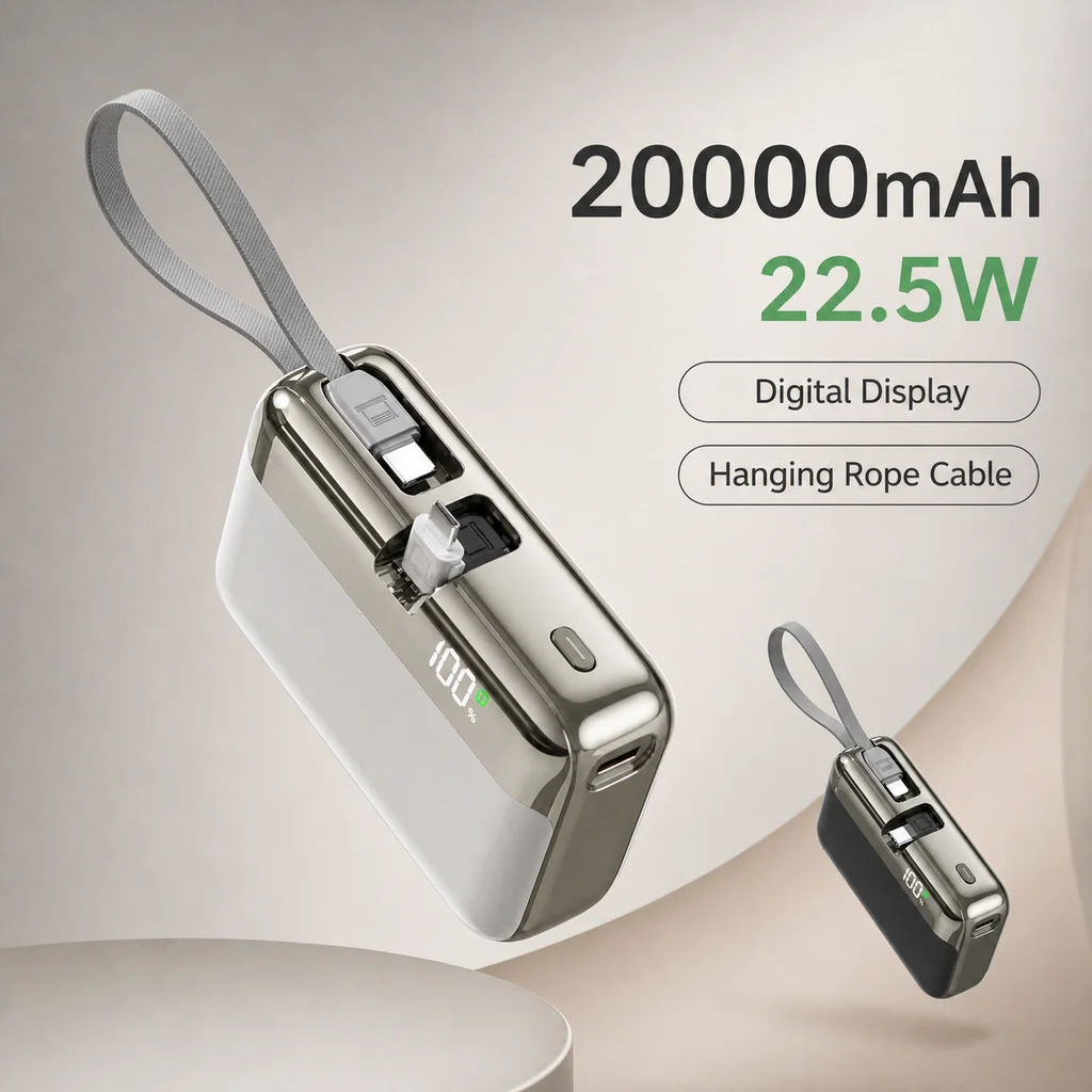 Power Bank 20000mAh 22.5W Fast Charging Capsule Portable Charger With Built-in Cable Tail Plug For Mobile Phone Tablet Daily Use