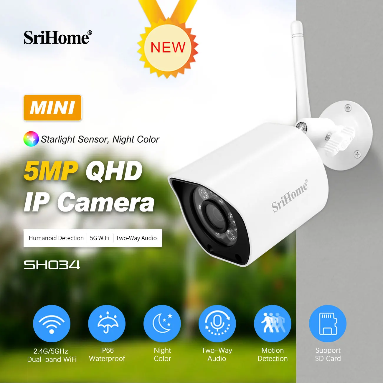 SriHome SH034 5MP QHD 2.4G&5G WIFI IP Bullet Camera Full Color AI Humanoid Detection Home Security CCTV Baby Monitor