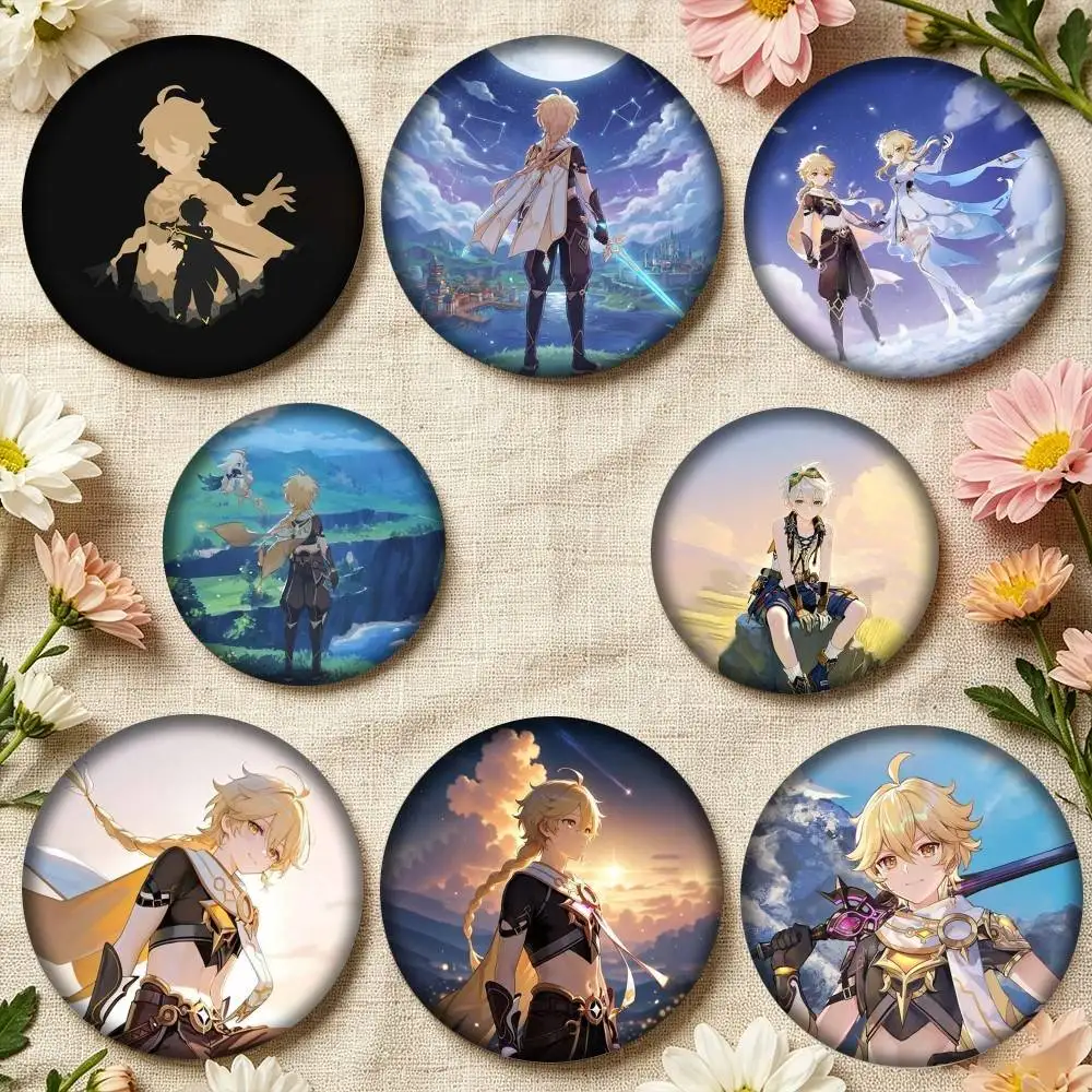 G-Genshin Impact A-Aether Traveler  25 32 44 58 75mm Badges Personalized Round Brooches Pins Accessory Gift