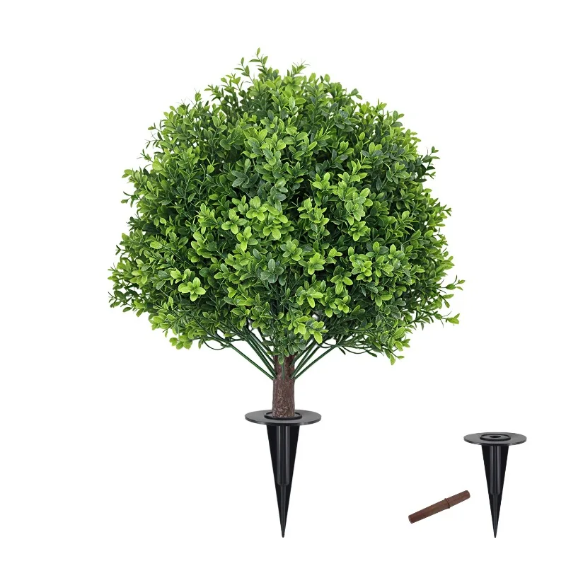 Artificial Boxwood Ball with Ground Stake, Faux Round Green Plant for Outdoor Garden Yard Patio Decor