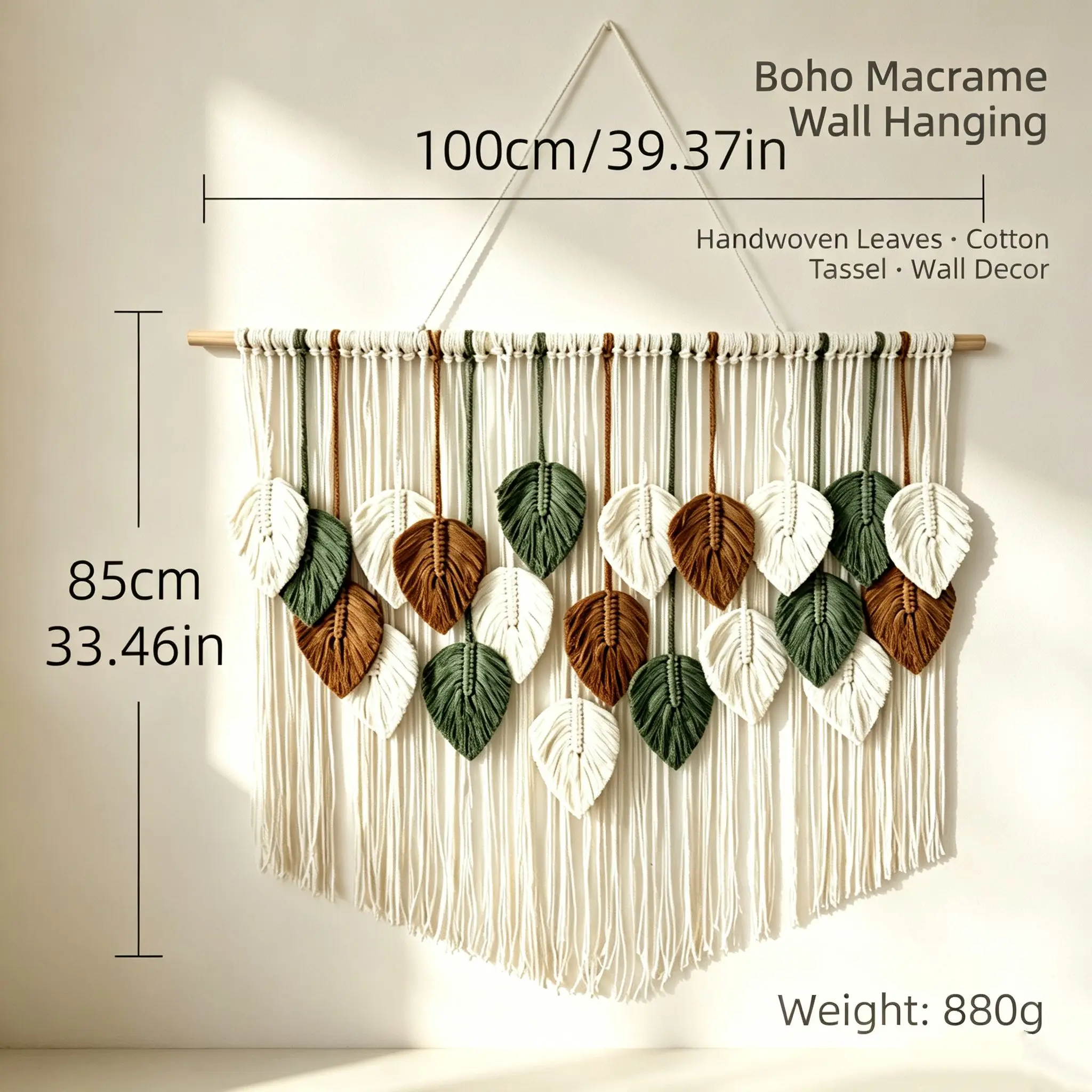 Boho Macrame Wall Hanging Handwoven Leaves Cotton Tassel Wooden Stick Bohemian Wall Art Decor for Bedroom Living Room