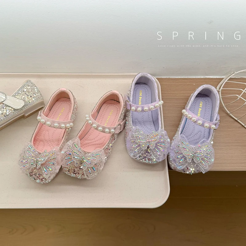 Sweet Princess Heels Girls Girls Jeweled Mary Janes Sparkly Rhinestone Dress Shoes Pearl & Bowknot, kid's Birthday Party Pumps