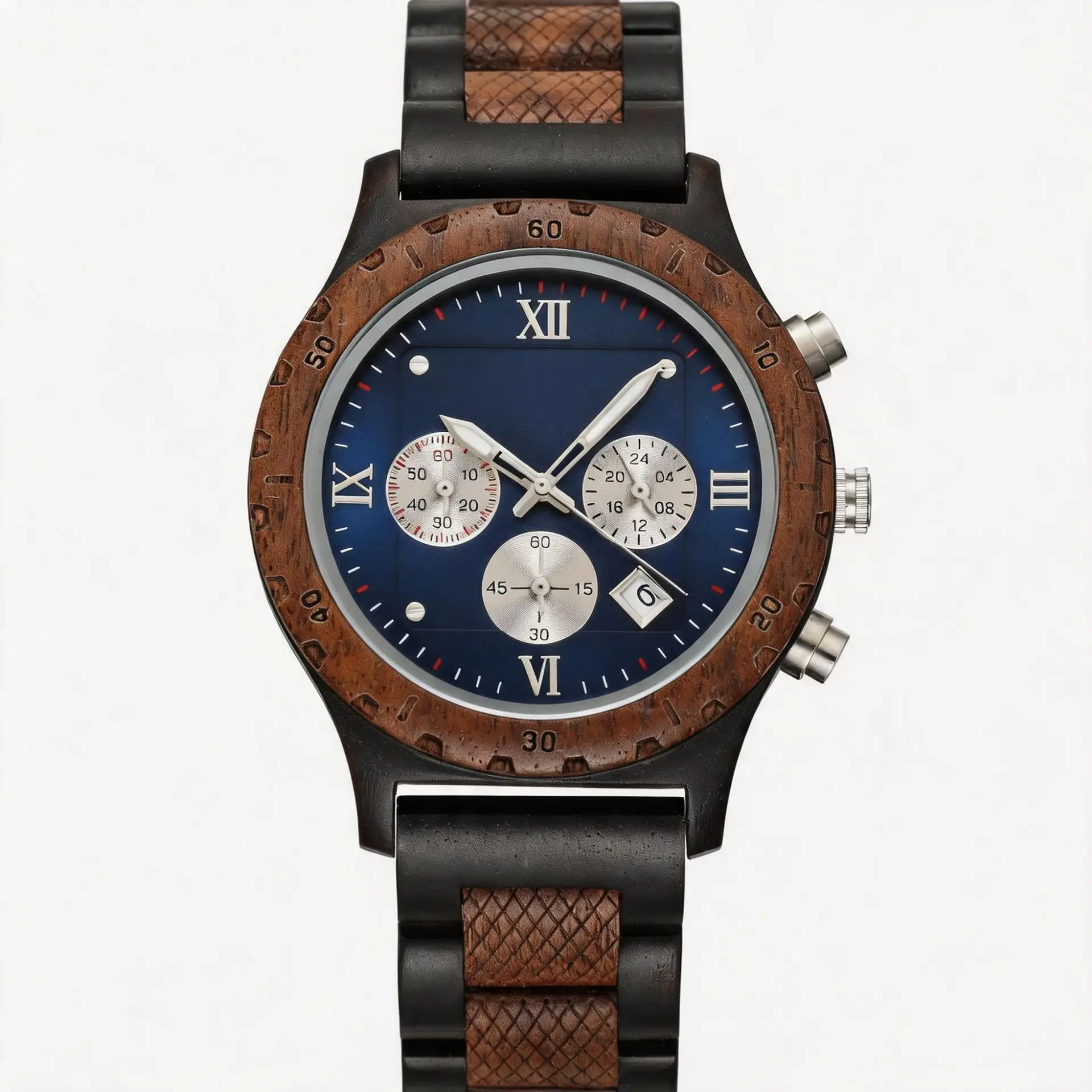 Fashion Men Wooden Watch Ebony Walnut Quartz Watch Multi-function Three-eye Chronograph Wristwatch Casual Business Clock Reloj