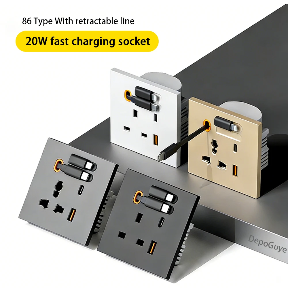 86 Type Universal 20W USB Type-C Socket Panel With Expandable Charging Cable Outlet,UK Mobile phone charging Type-c Socket