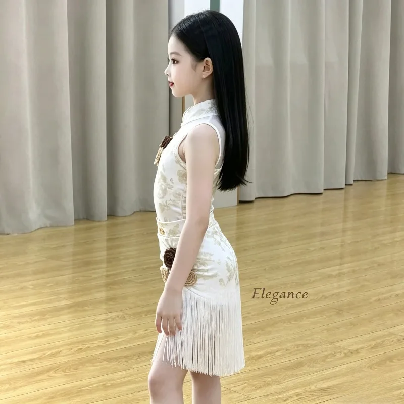 Latin Dance Outfit 2026 New Chinese Style White Cheongsam with Tassel Skirt Practice Competition Performance Dancewear Costume