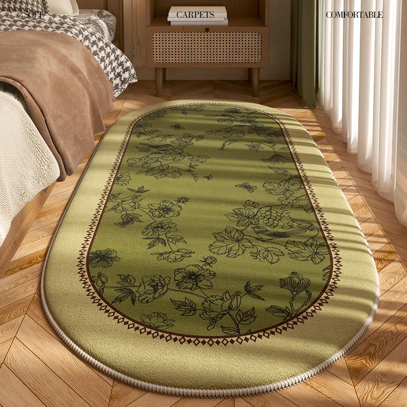 Green Retro Oval Carpet Bedroom Bedside Bedroom Long Carpets Plush Medium Style Fluffy Comfortable Living Room Large Area Rug