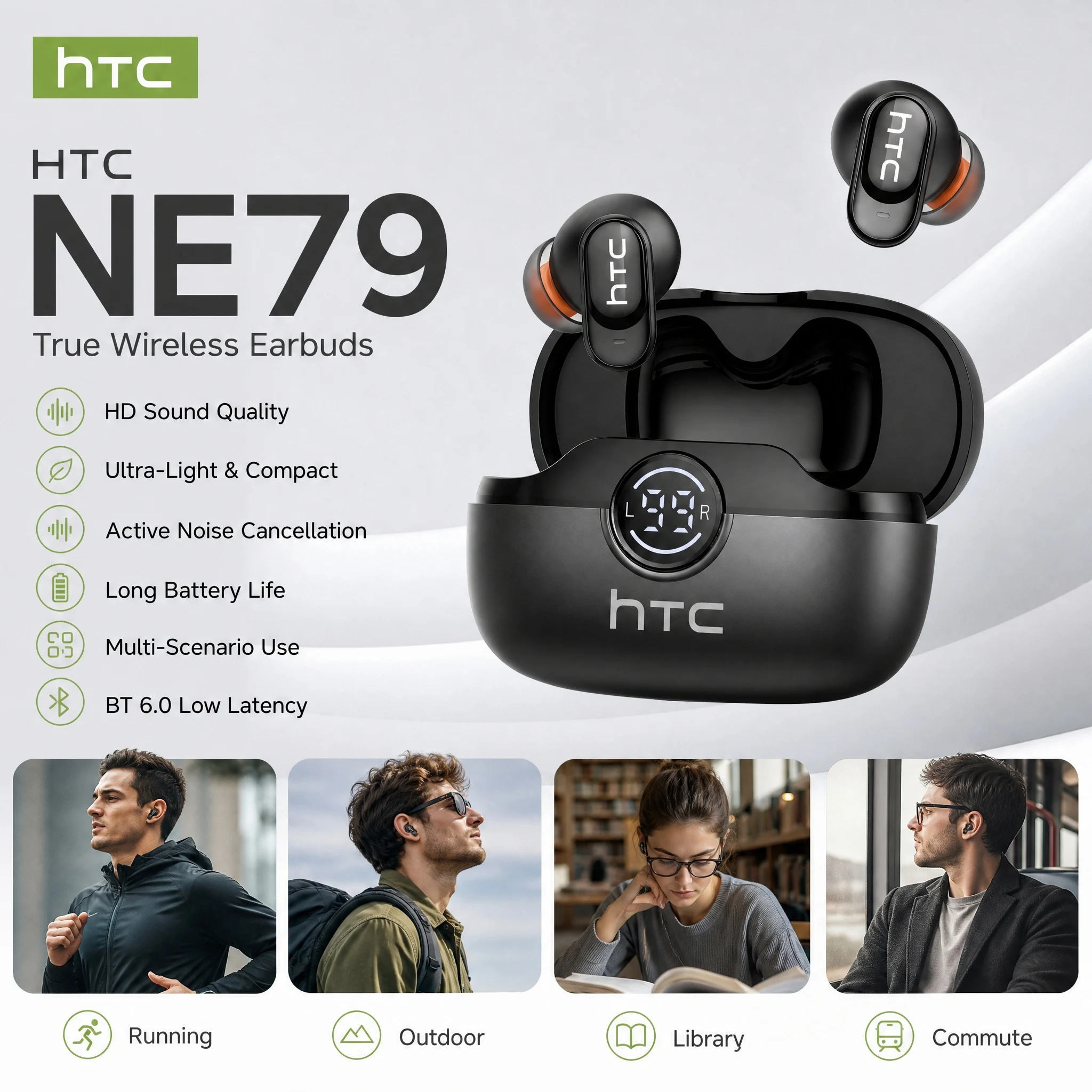 Smart Translation HTC NE79 Bluetooth Earphones 6.5 Hours of Battery Life per Earbud Comfort In-Ear for Sports Gaming Office Work