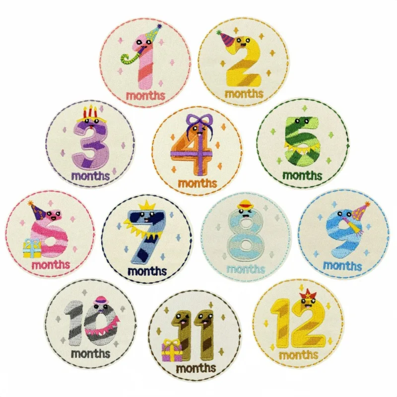 Baby Birthday Number 12 Months Round Iron-on Sew Embroidery Badge Patches DIY T-shirt Hat Backpack Clothing Appliques Sticker