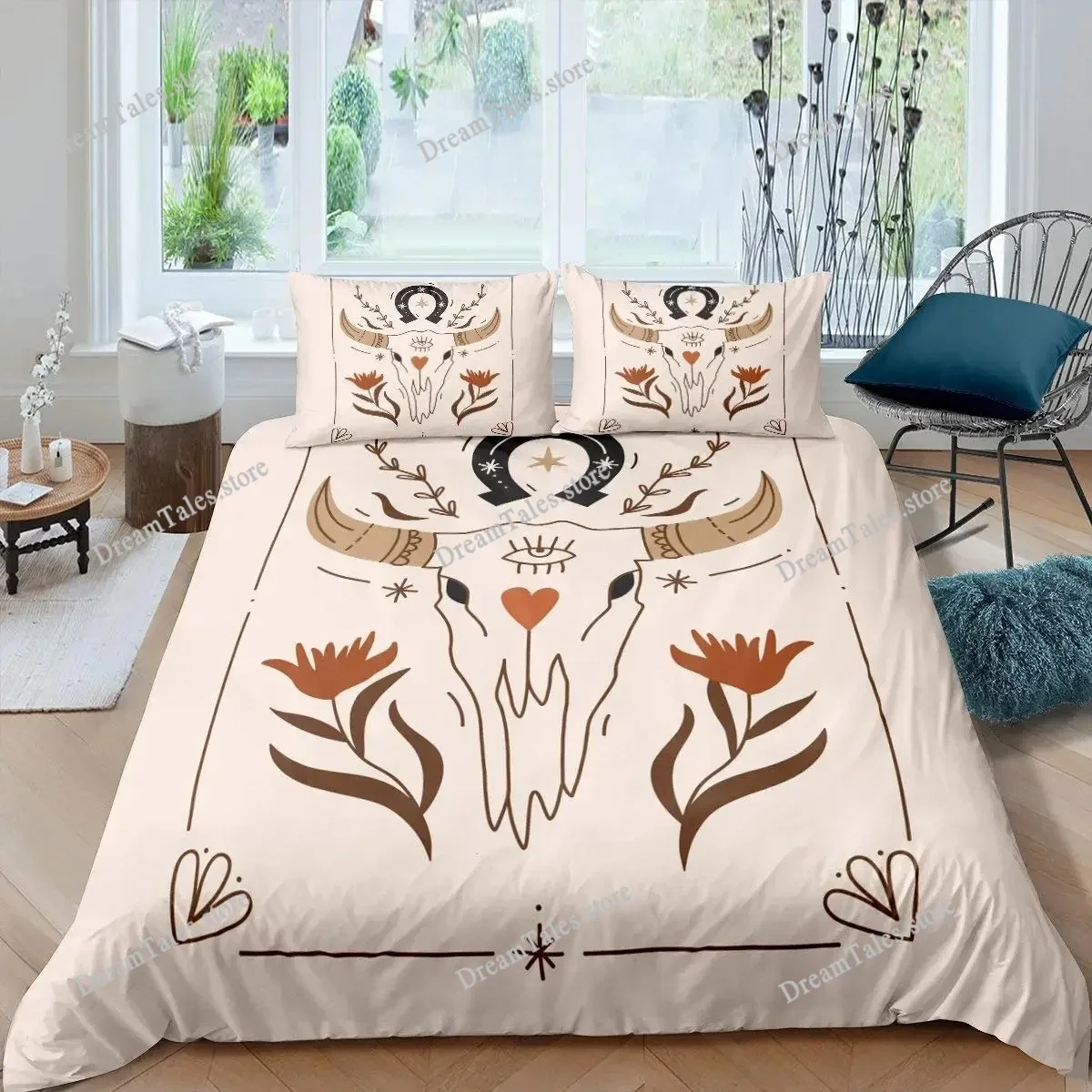 Bull Skull Duvet Cover Set Boho Chic Feather Bedding Set Bohemian Exotic Branches Flower for Teens Microfiber King Quilt Cover
