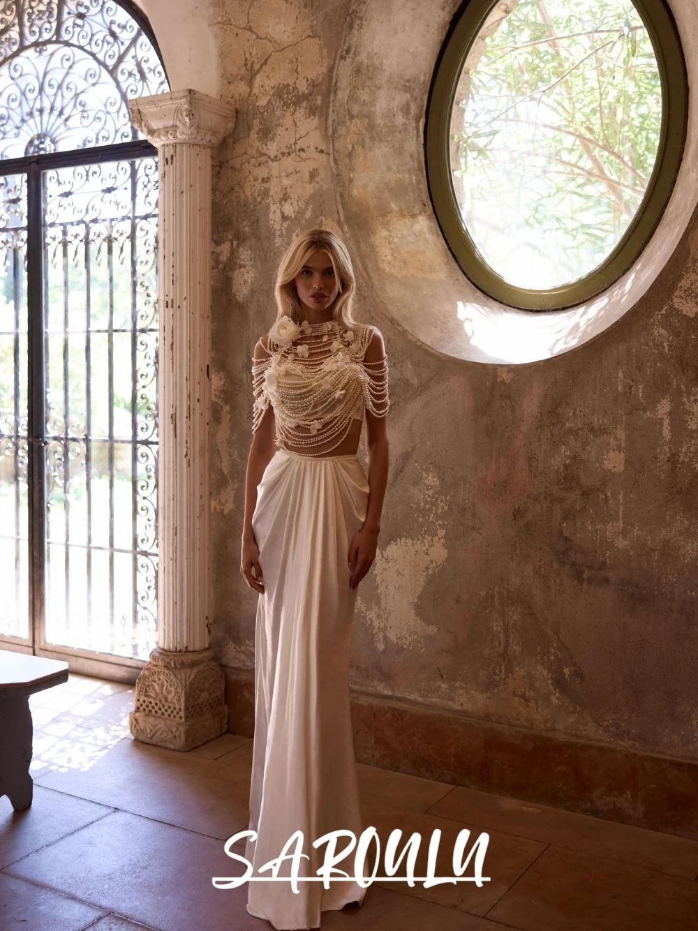 White Pearl Beaded Floral Crop Top & Maxi Skirt Set Boho Wedding Party Dress For Women Chic Stunning Bridal Gown Customized