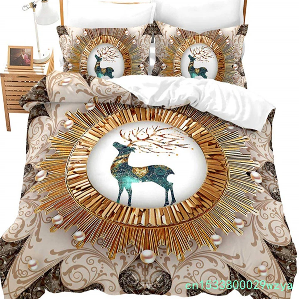 Bohemian Mandala Duvet Cover Luxury Exotic Golden Floral Bedding Set Chic Animal Elk Comforter Cover King For Girls Adults Decor