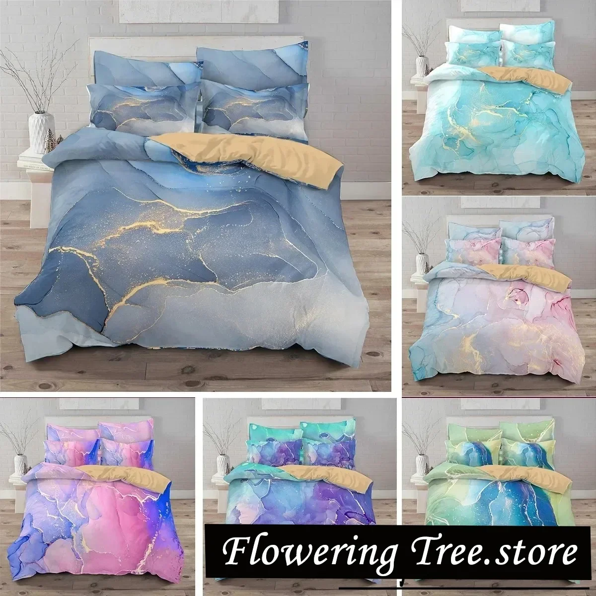 Chic Girly Marble Duvet Cover Abstract Geometric Bedding Set Microfiber Glitter Blue Comforter Cover King Queen For Kid Teen Boy