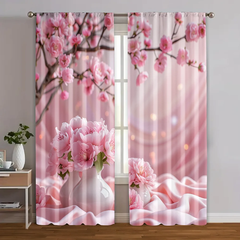 2pcs, Creative Curtains Romantic Pink Floral 100% Polyester (without rod) Decorations Clearance Ldeal for Living Room, Bedroom,