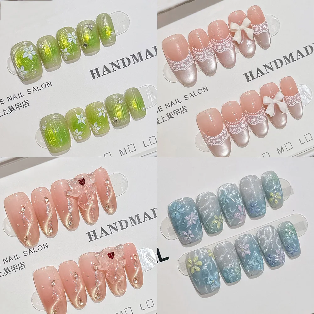 Summer Cool Light Girlish Style Glistening Oval Coffin Nail Patch Flower Lace Bowknot Pearl Press-On Nails Hand Accessories
