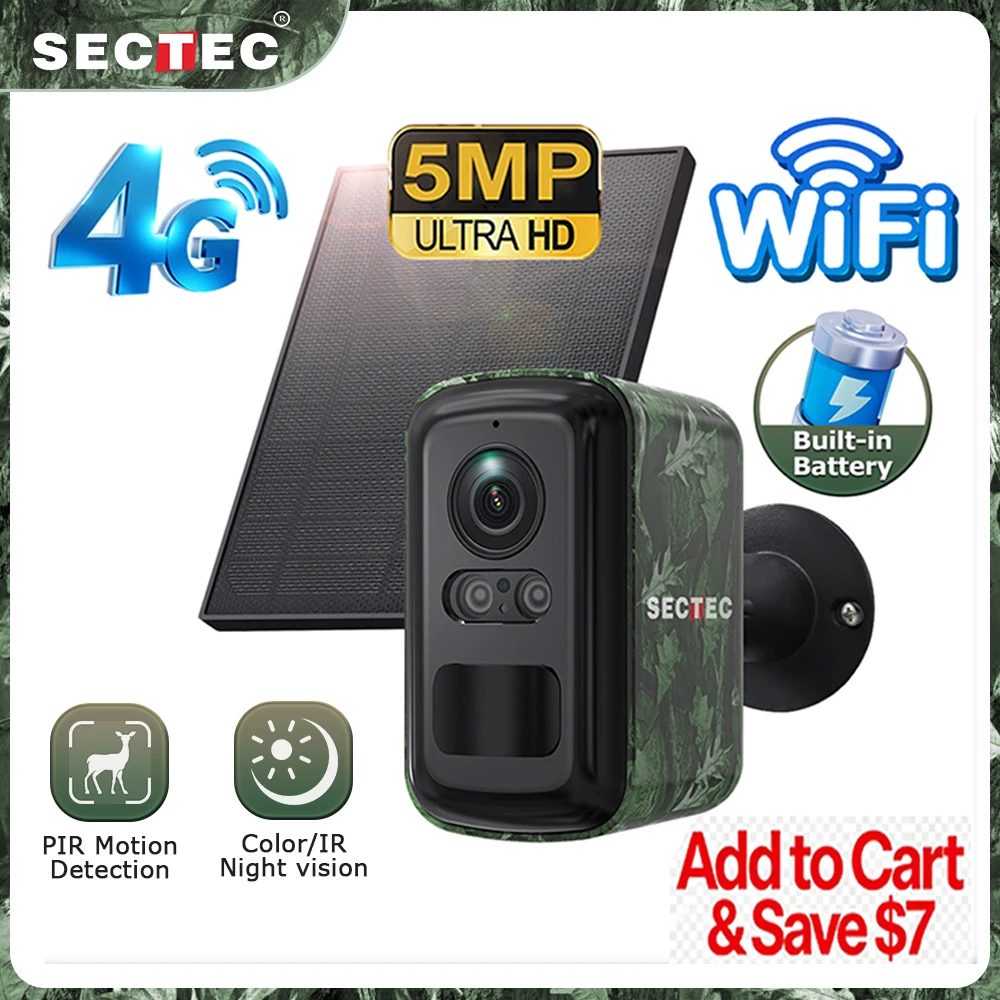 Sectec 5MP Mini Solar 4G Camera Outdoor Surveillance Camouflage Color WiFi Security Camera PIR Detection Auto Tracking UBox App