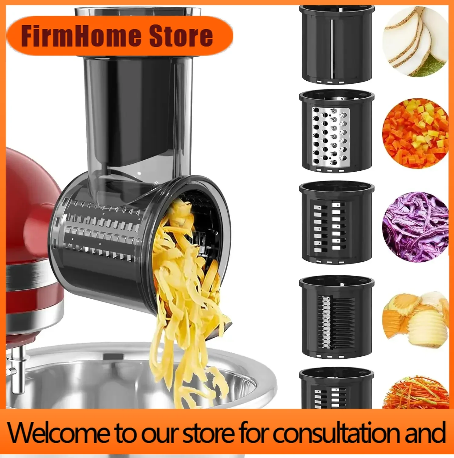 FirmHome StoreSlicer Shredder Attachment For KitchenAid Stand Mixer With 5 Blades, Large Feed Chute Cheese Grater Attachment