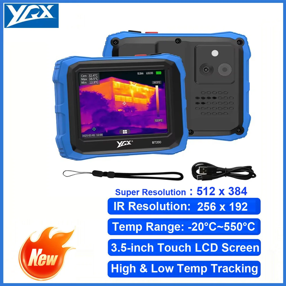 YRX BT200 Flat Panel Thermal Imager 256x192 IR Resolution -20℃~550℃ 8G Memory 3.5-inch LCD High Low Temp Tracking Thermal Camera