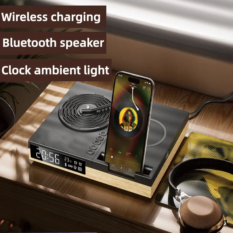 Hifi Speaker Bluetooth 5.1 Stereo Retro Wireless Speaker Desktop Alarm Clock Vintage Vinyl Record Shape Support Lighting Clock