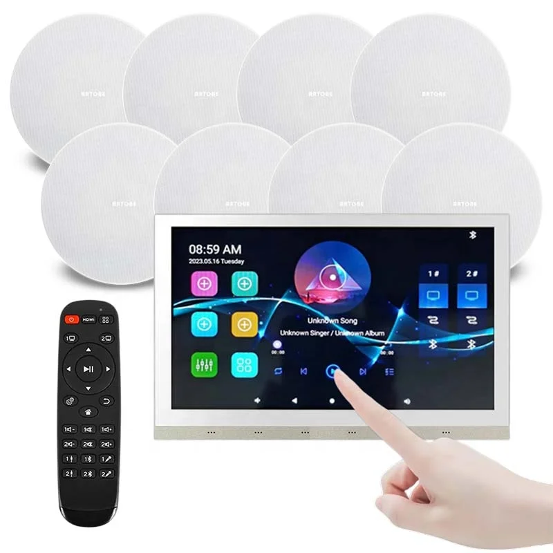 8 channel Touchscreen Bluetooth InWall Amplifier with Ceiling Speaker Smart Home Theater Android 11 Wifi Background Music System