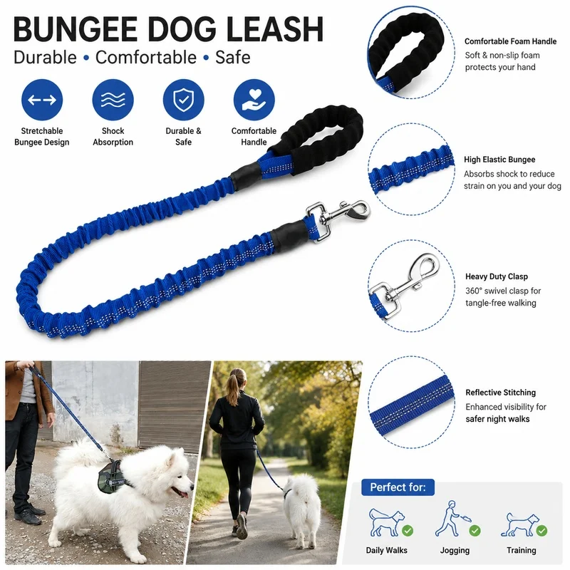 47.2in Heavy Duty Bungee Dog Leash for Medium Large Dogs, Elastic Shock Absorbing Lead for Golden Retriever Walking & Training