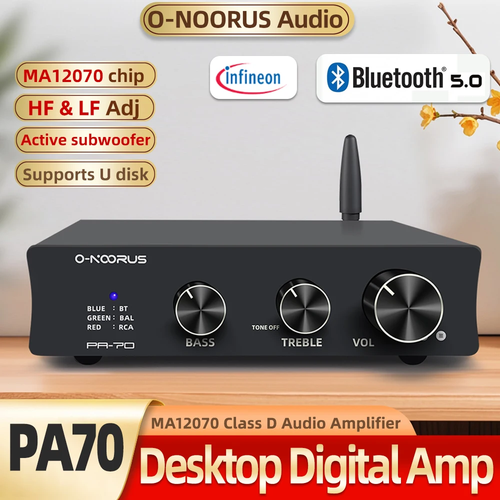 O-NOORUS Ma12070 80wx2 Hifi Audio Speaker 2.1 Class D Amp Bluetooth 5.0 Home Speakers Receiver with Subwoofer Output Bass Treble