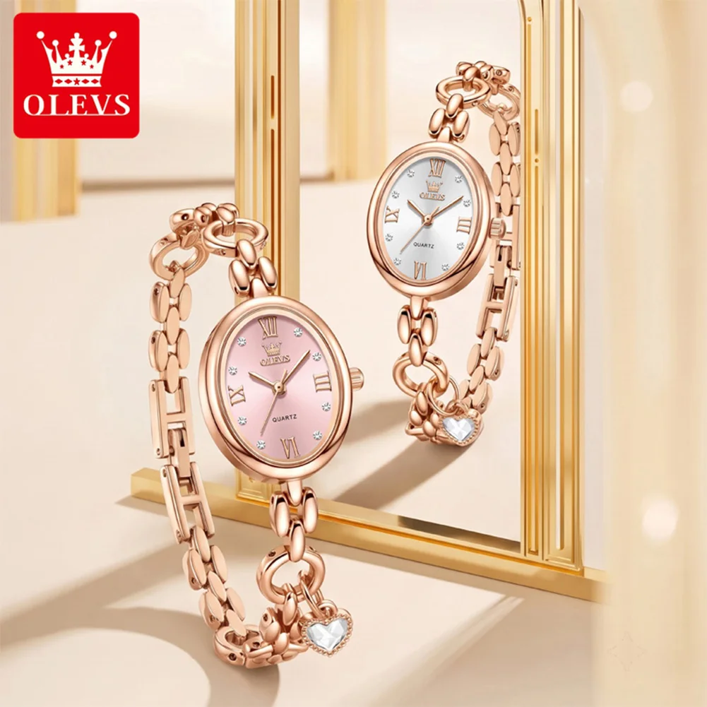 OLEVS 5702 Vintage Elegance Women Quartz Movement Watch 30m Waterproof Unique Oval Roman Dial Fashion Steel Strap Watch