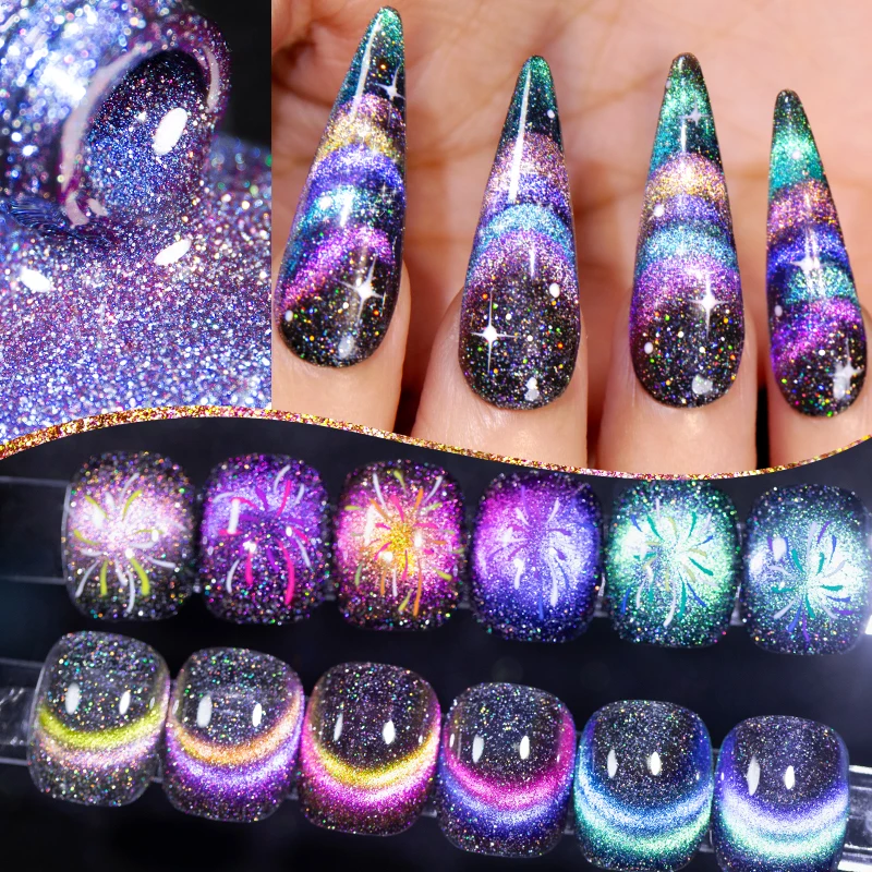 7.5ML Disco Flashing Cat Eye Gel Nail Polish Sparkling Diamond Glitter Rainbow Cat Magnetic Nail Gel Soak Off UV Nail Varnish