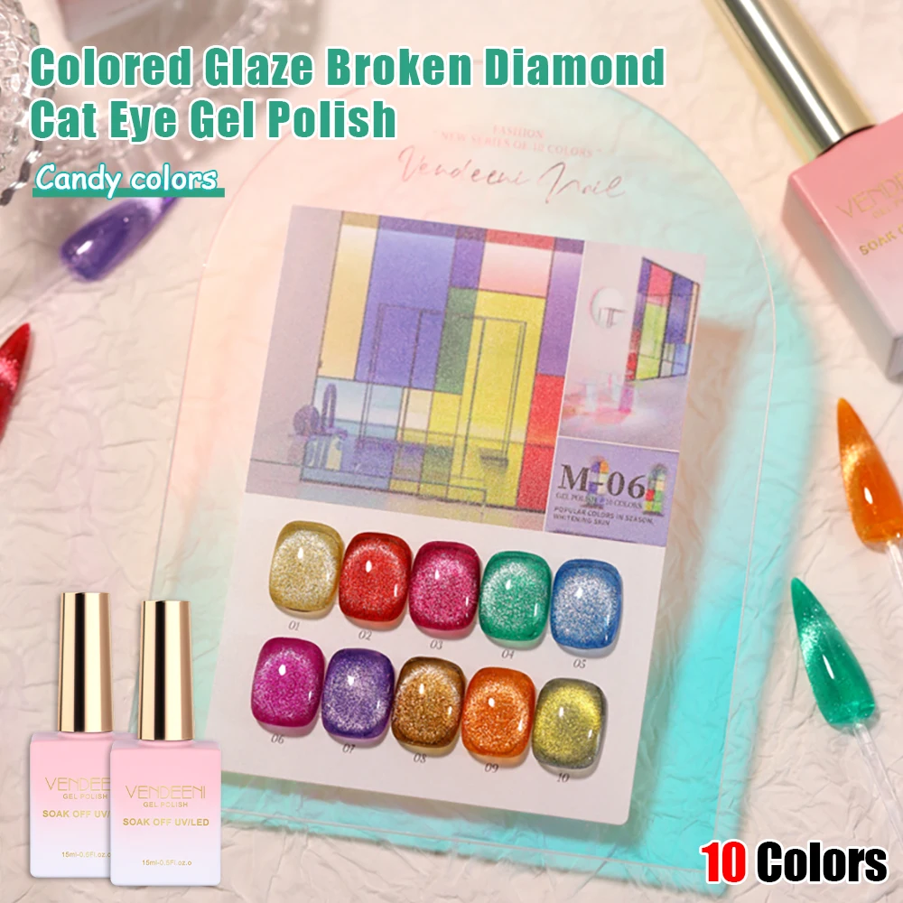 Vendeeni 10 Colors/Set Glitter Broken Diamond Cat Eye Gel Nail Polish Rainbow Magnetic UV LED Cat Eye Gel Varnish With Display