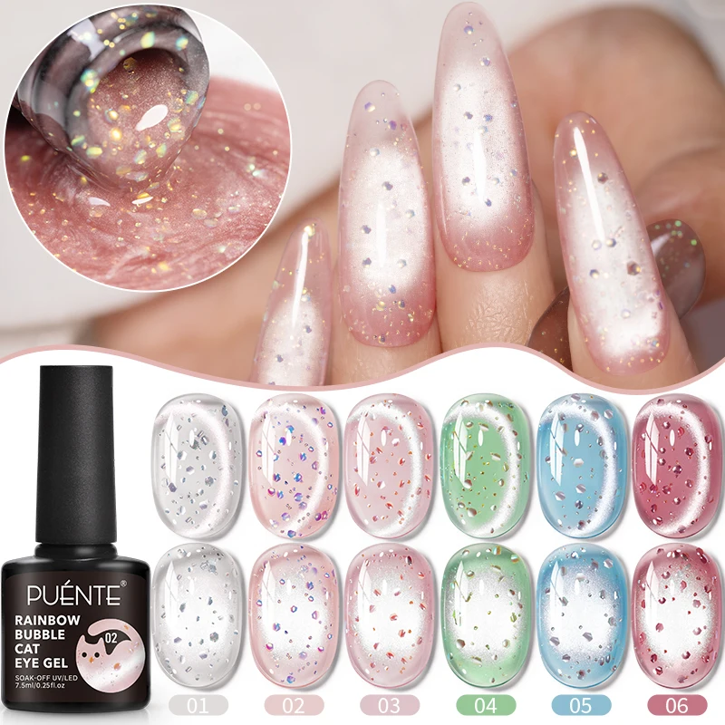 PUENTE 7.5ML Bubble Cat Eye Gel Nail Polish Vibrant Pink Green Blue Glitter Cat Magnetic Nail Gel Soak Off UV Nail Art Varnish
