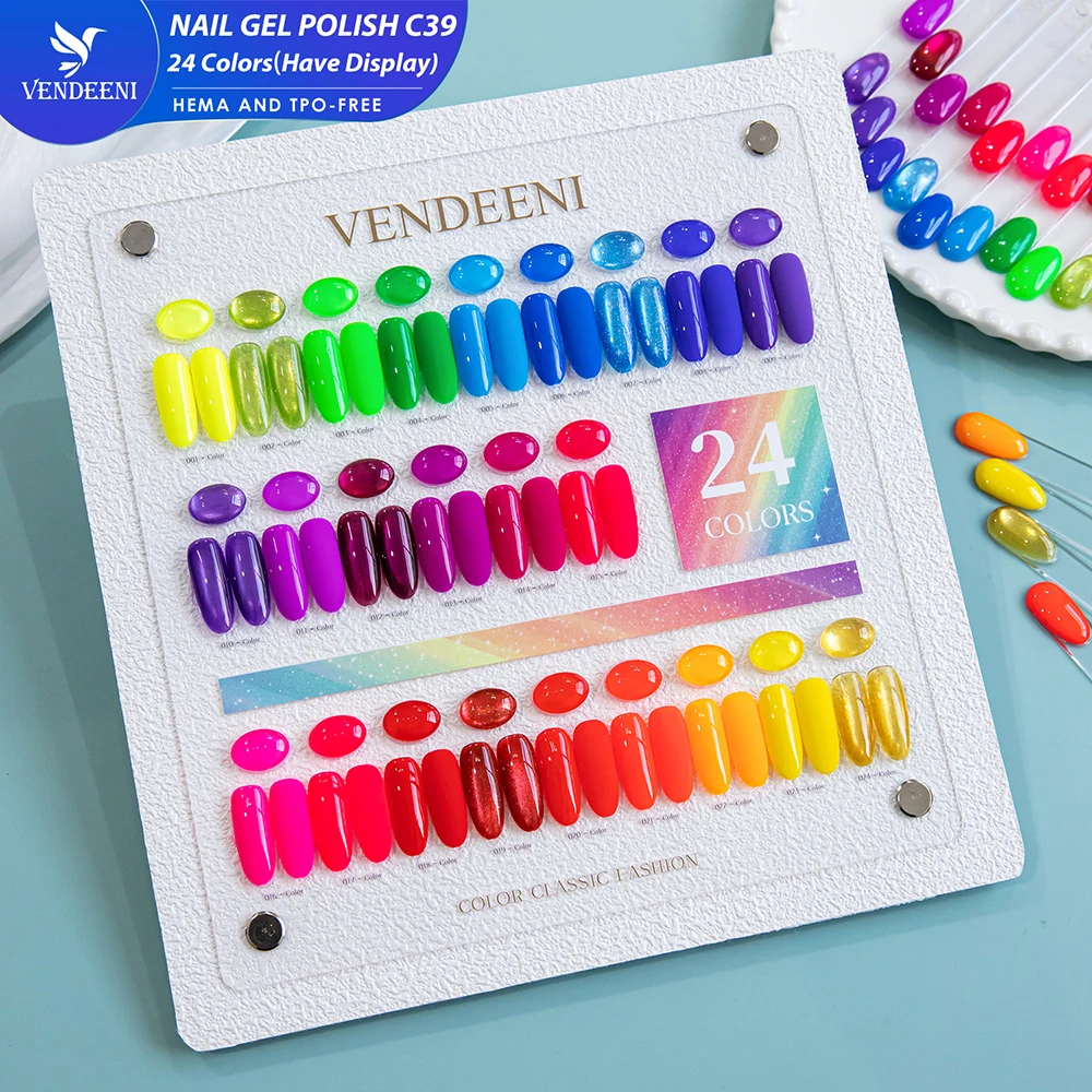 Vendeeni 24 Colors Rainbow Pure Color Gel Nail Polish Set Neon UV LED Soak Off Magnetic Glitter Cat Eye Gel Varnish With Display